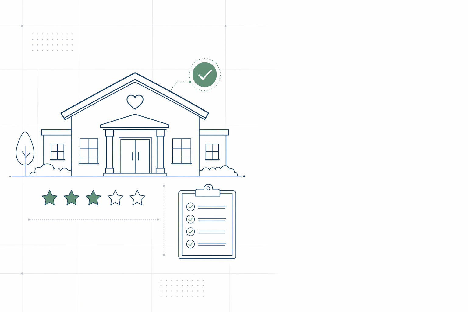 A calm, clinical illustration of a care home with a quality checkmark